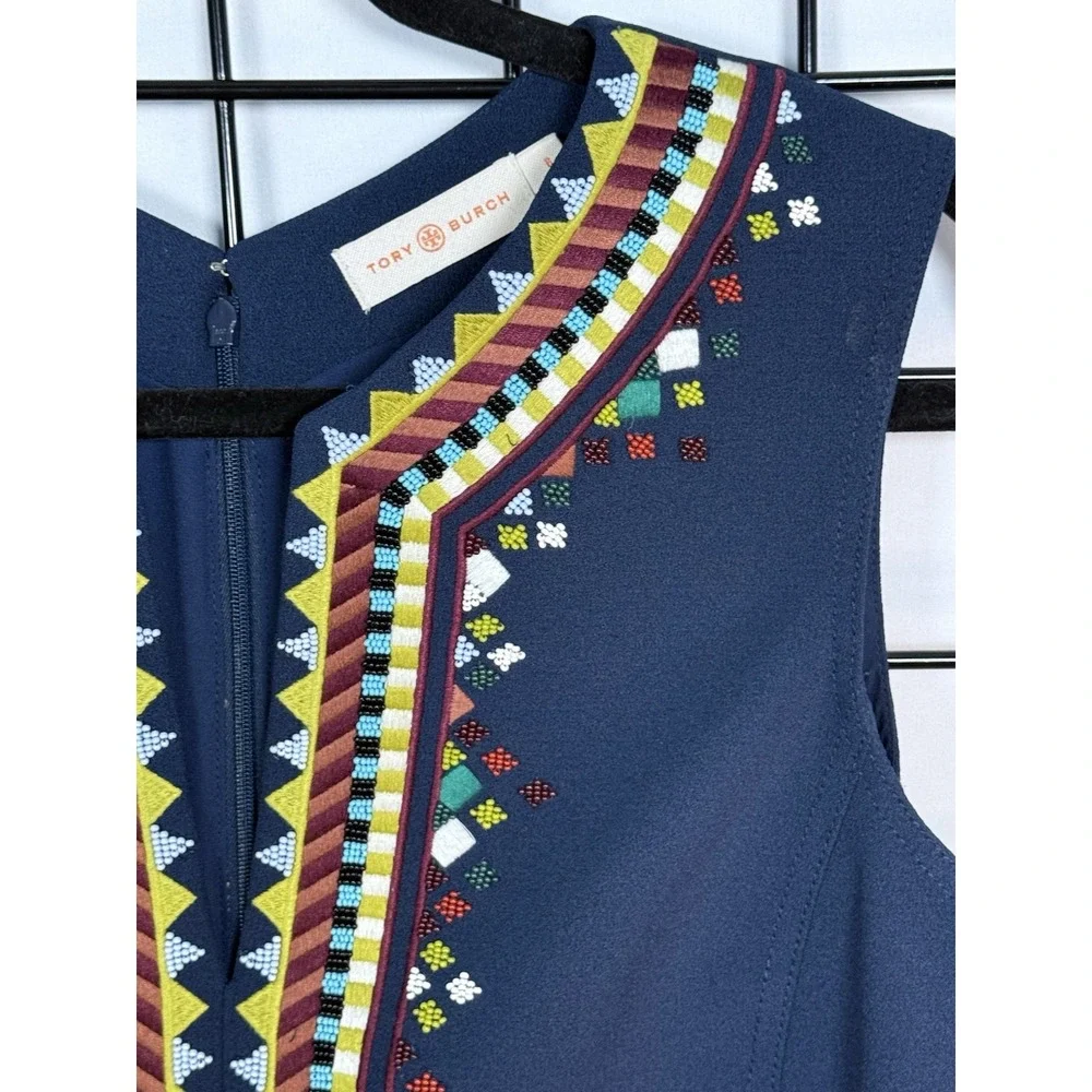Tory Burch Embroidered Sophia Shift Dress‎ Womens 6 Blue Boho Beaded Casual